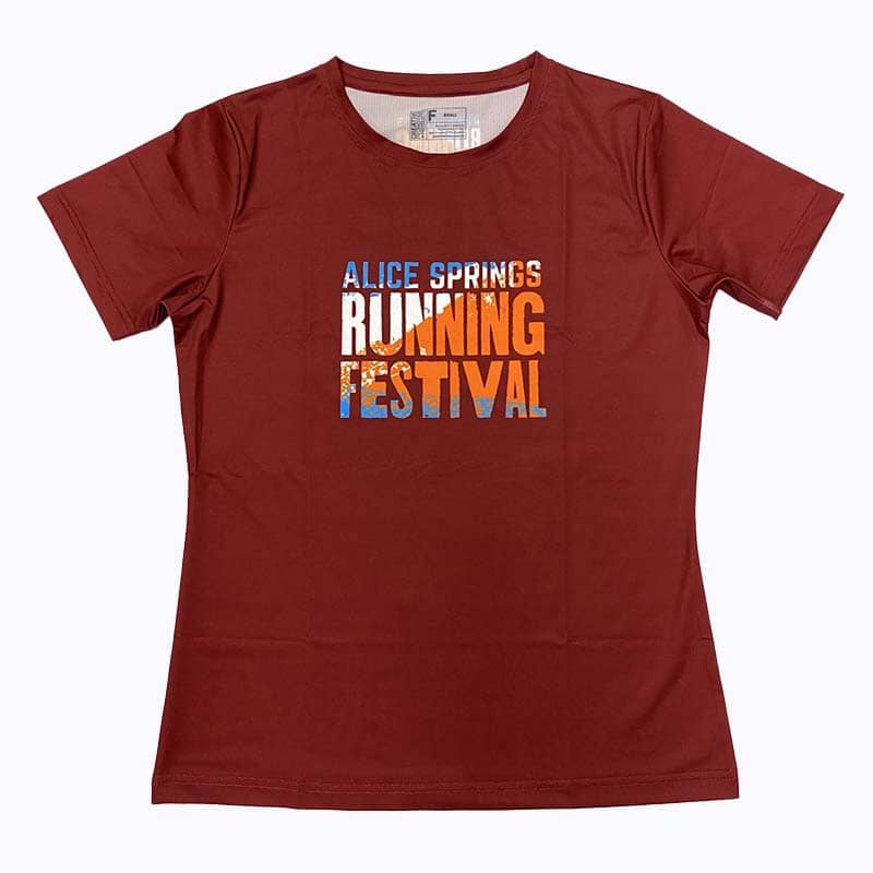 A maroon short-sleeved t-shirt with the words "Alice Springs Running Festival" printed in blue, white, orange, and yellow text on the front—a perfect piece of custom merchandise for your next promotional products collection.