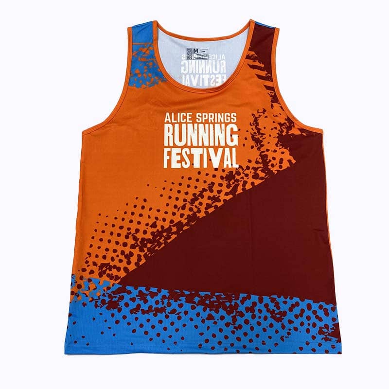 A sleeveless athletic singlet with an orange, maroon, and blue abstract design—perfect as custom merchandise for events. The front text reads "Alice Springs Running Festival" in bold white letters.